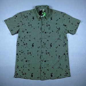 Warrior Envy DNC Mens Large Green Black Grid Splatter Short Sleeve Button Shirt